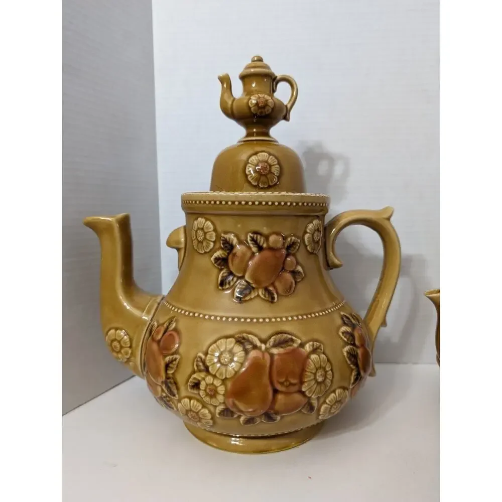 VINTAGE 1950s APCO JAPAN MCM LARGE AND SMALL TEAPOT Tan Ceramic